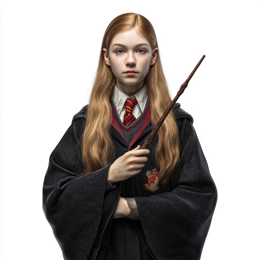Young person with long blonde hair dressed in black wizard robes holding an intricately carved wand against a white background