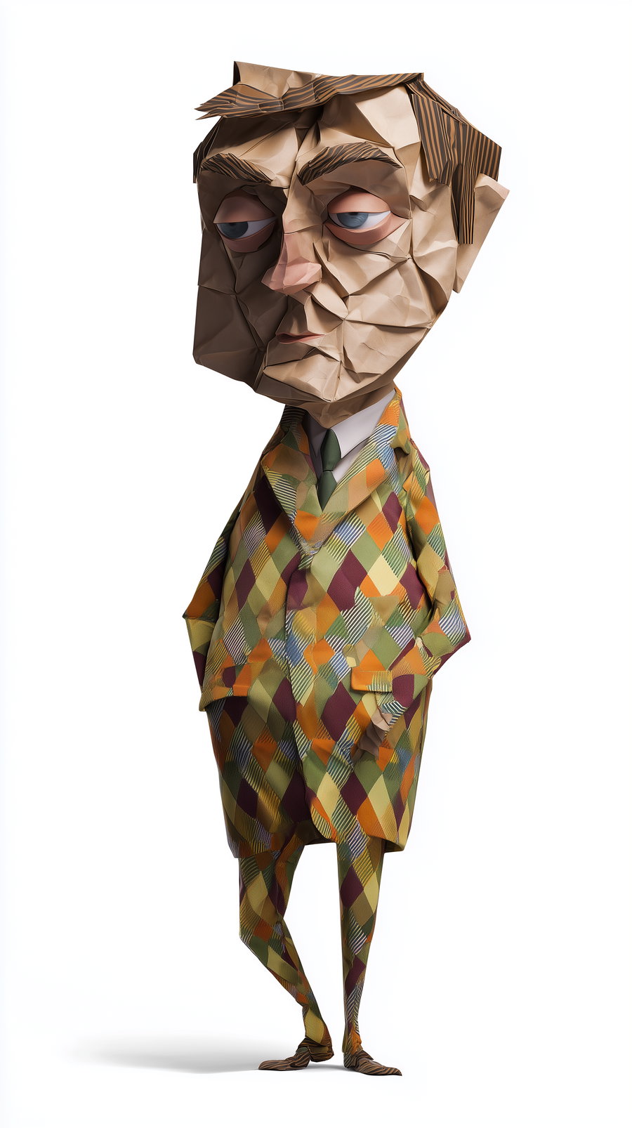 Three-dimensional paper model of a man with exaggerated features and a patterned colorful suit, standing on a white background