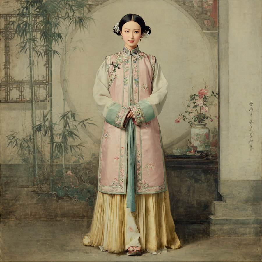 A woman standing in traditional pink and green embroidered clothing in front of a classic Asian styled background with bamboo and floral decorations