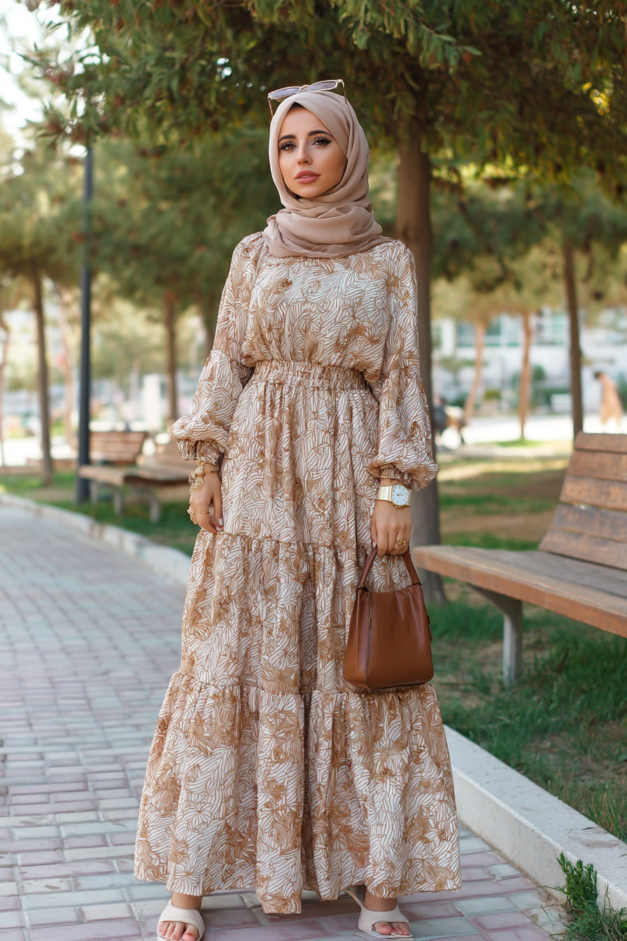 A woman wearing a long, beige floral patterned dress, a matching hijab, holding a brown handbag, standing on a paved path in a park with trees and benches in the background