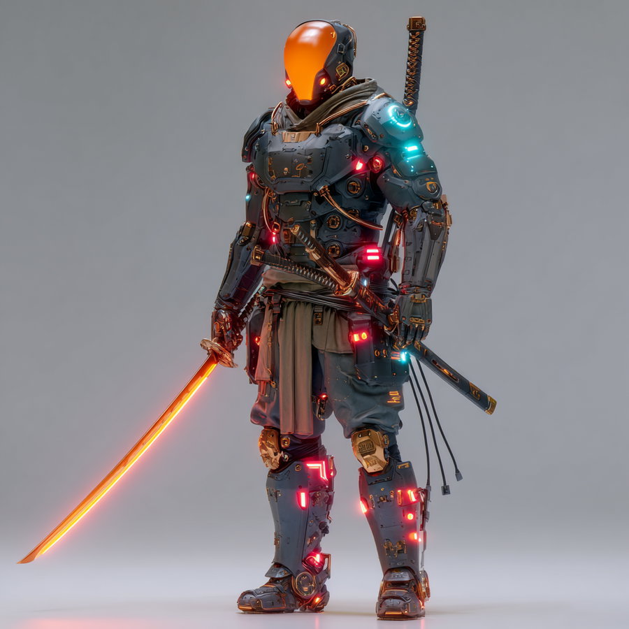 A humanoid figure wearing advanced cybernetic armor with glowing red and blue lights, an orange-lit helmet, and holding a glowing orange katana sword, set against a plain gray background.