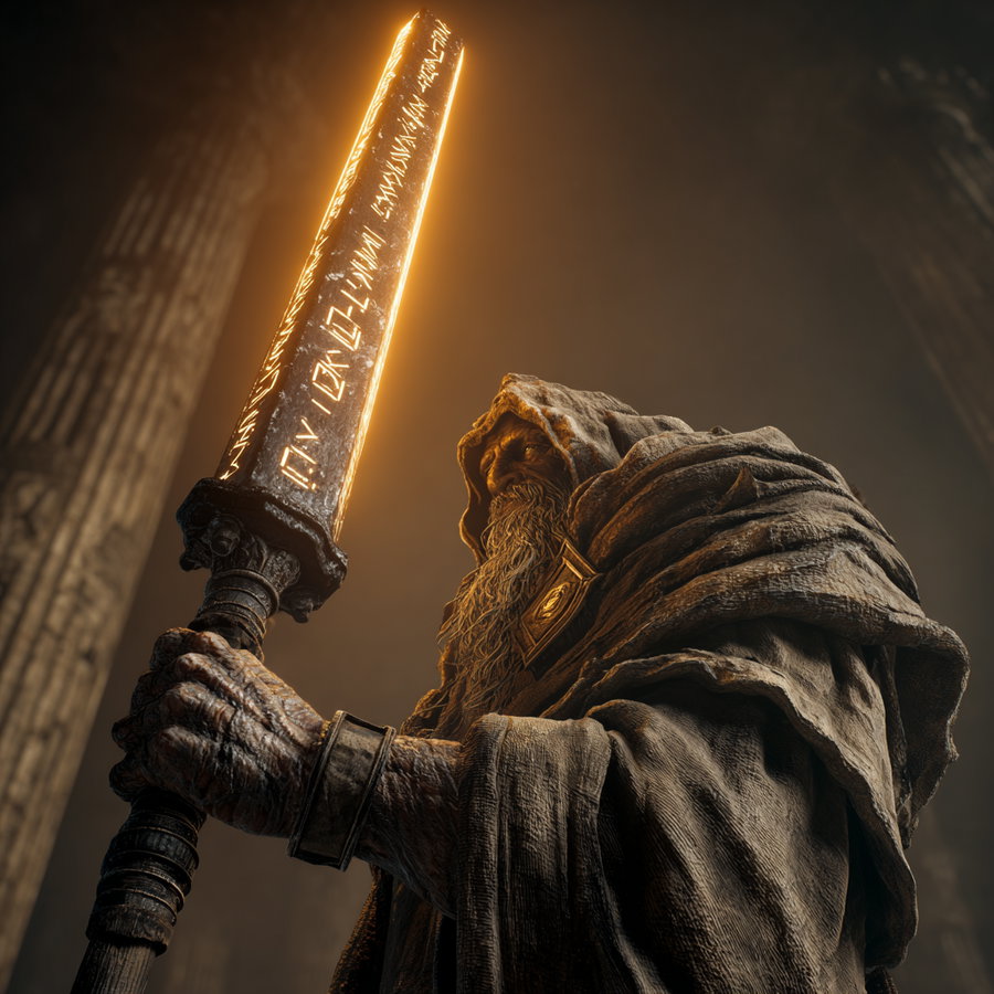 A figure in a hooded robe with a long beard holding a glowing sword inscribed with runes inside a dim ancient stone structure
