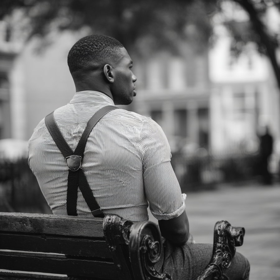 Black and white photo of a man with short hair wearing a striped shirt and suspenders sitting on a wooden bench with decorative metal armrests, facing away from the camera in a city street environment.