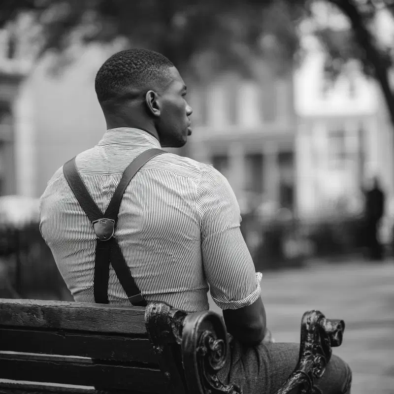Black and white portrait of a man sitting on a bench in urban setting