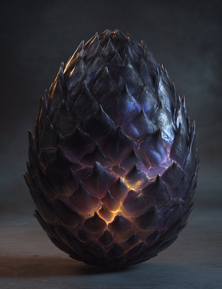 A dark, spiky dragon egg with glowing orange cracks emitting light from inside against a muted background