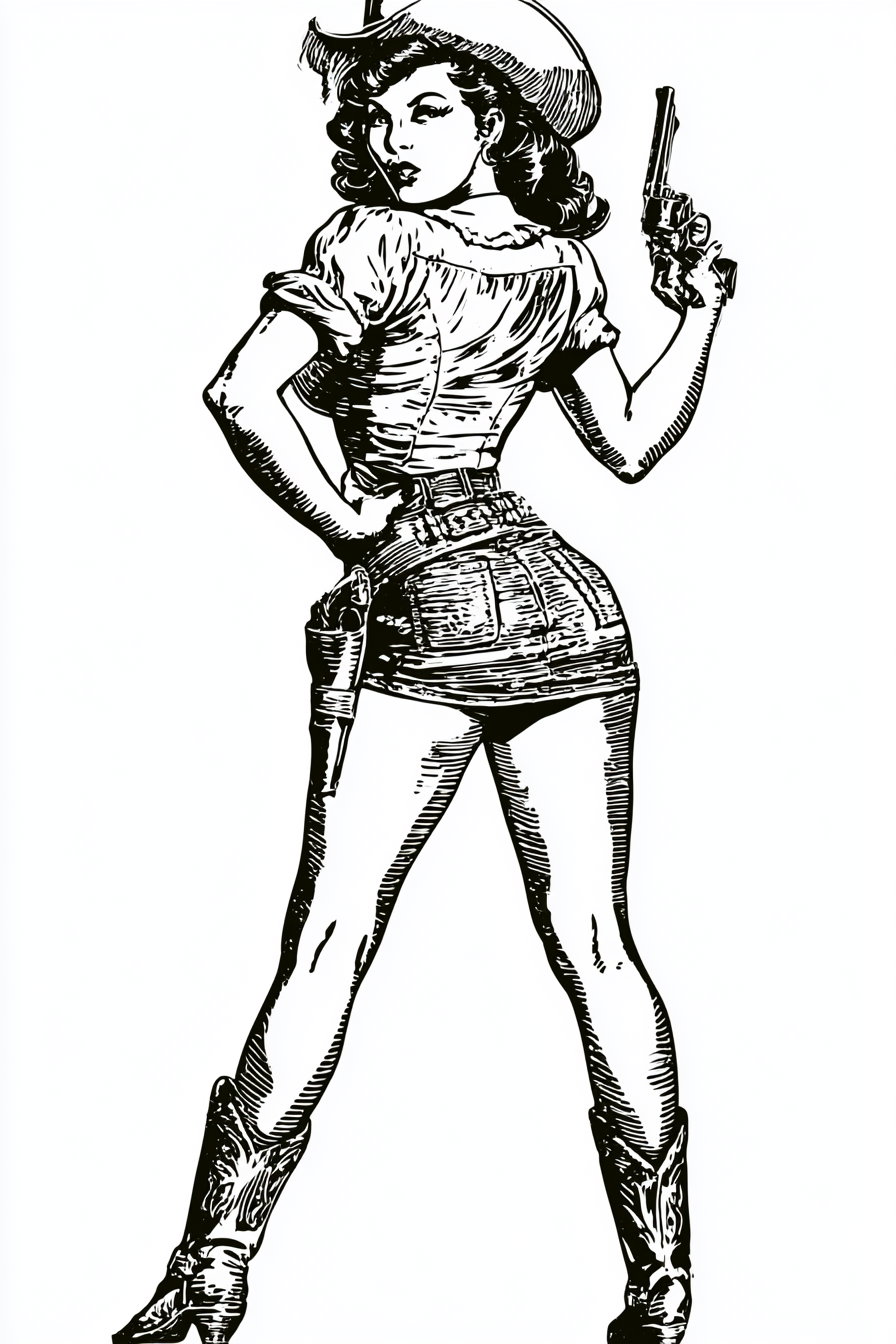 Black and white vintage style drawing of a woman cowgirl wearing a hat, short skirt, boots, holding a gun in one hand and a holster with a gun on her hip.