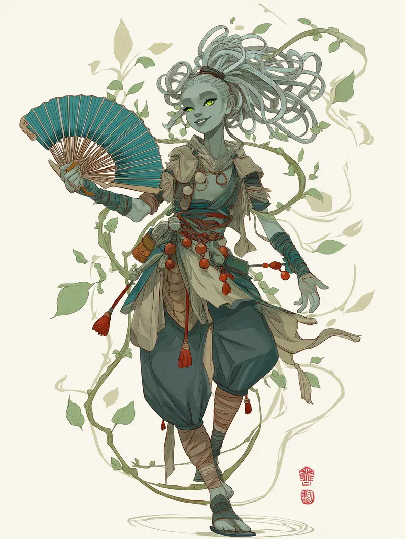 Stylized fantasy character holding a teal fan with vine motifs and detailed attire