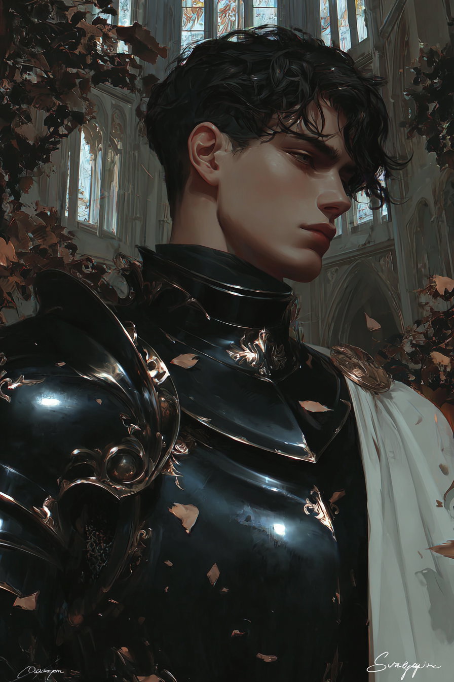 Close-up digital painting of a young man with dark hair wearing detailed black medieval armor and white cloak, standing in a cathedral with tall stained-glass windows and autumn leaves scattered around.