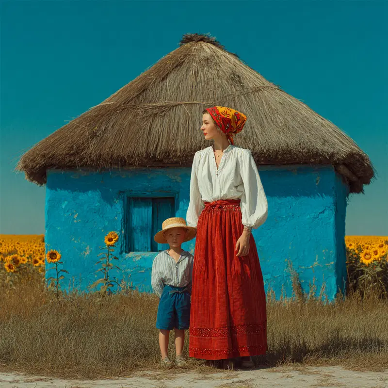 Vintage style portrait of a woman and child in traditional attire by a blue thatched house