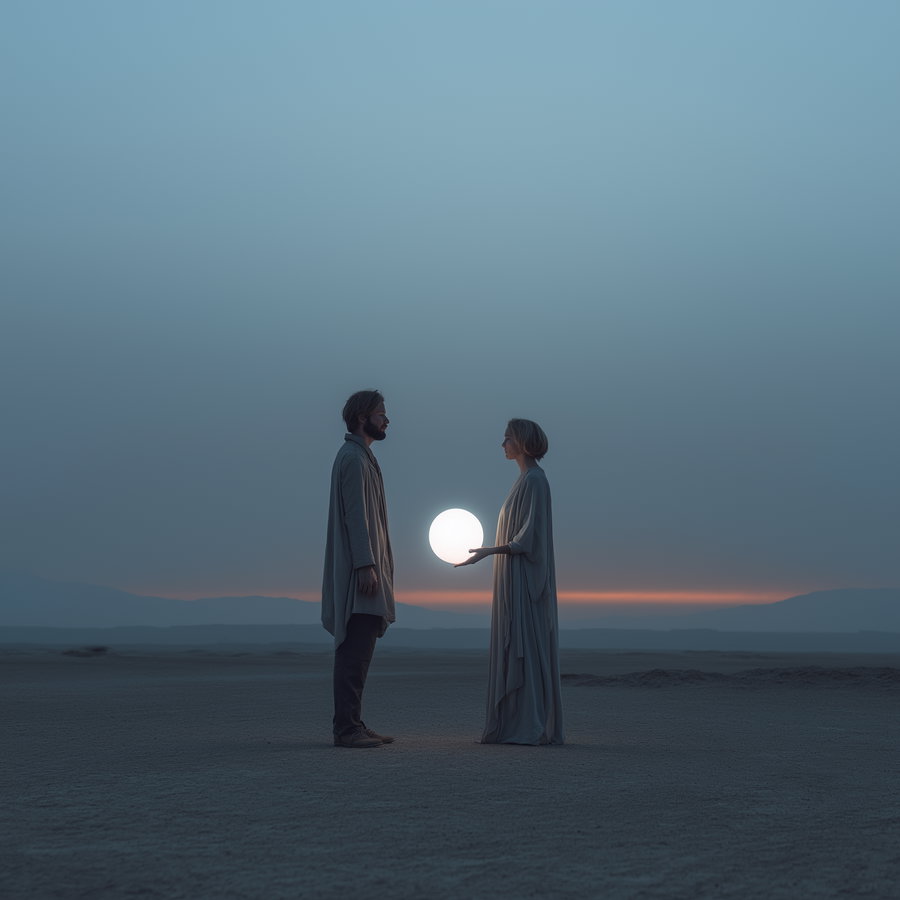 A man and a woman standing in a desolate landscape at dusk, the woman holding a glowing white orb between them, with a muted blue sky and distant hills.