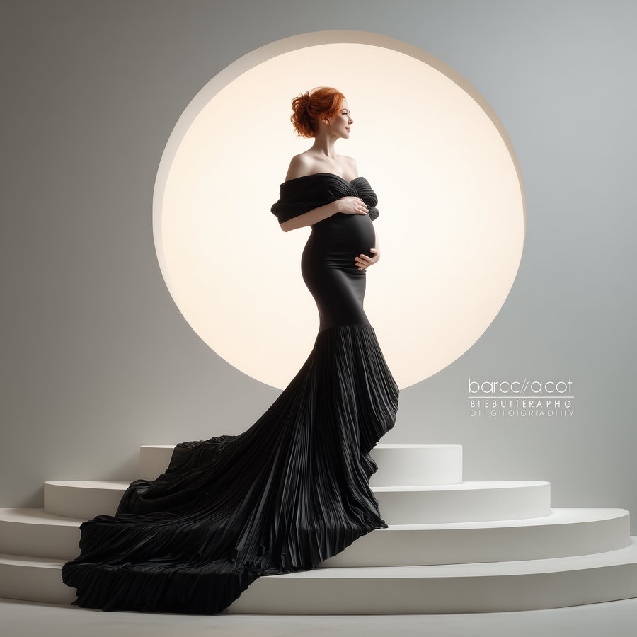 Pregnant woman standing on white circular steps in a long black gown with a flowing train, illuminated by a large round light in the background