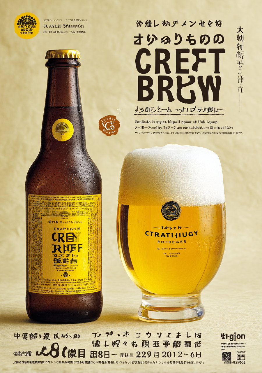 A vintage style poster showing a brown craft beer bottle with a yellow label and a glass of golden beer with foam on a beige textured surface, featuring stylized text and decorative elements.