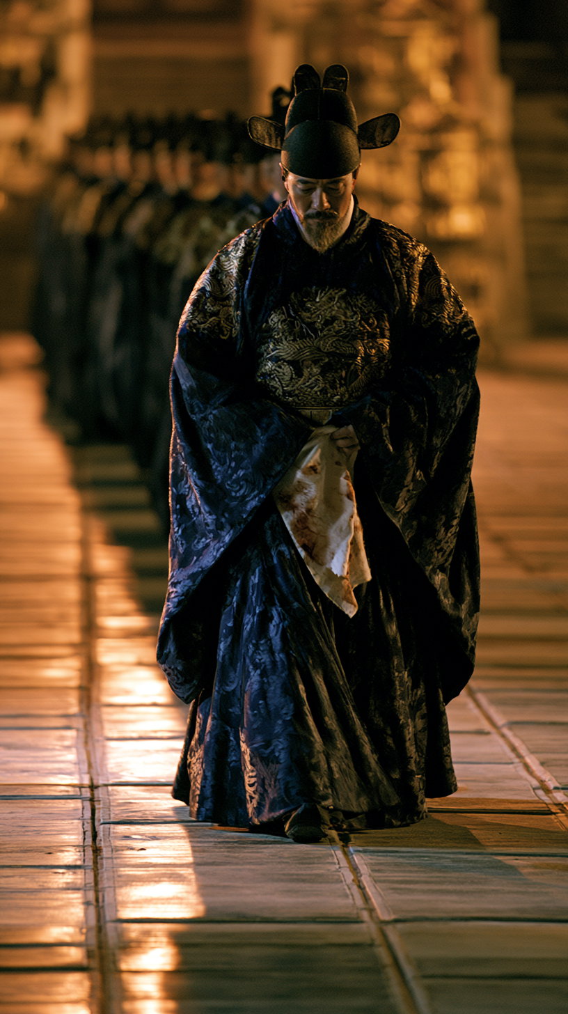 A man dressed in traditional East Asian royal clothing with intricate designs, standing on a stone pathway under warm lighting, with blurred figures behind him.