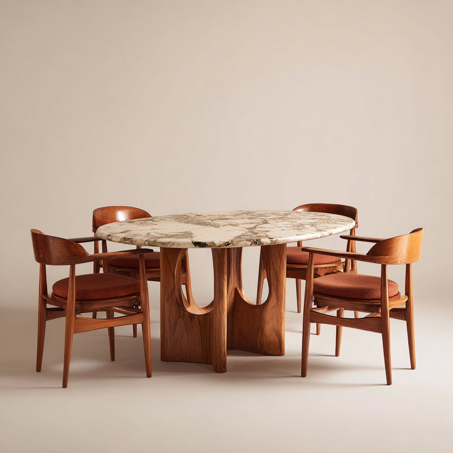 Oval marble dining table with sculptural wooden base surrounded by four mid-century style wooden chairs with burnt orange cushions, set against a beige backdrop