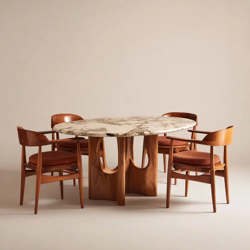 Mid-century modern dining table with sculptural wood base and chairs