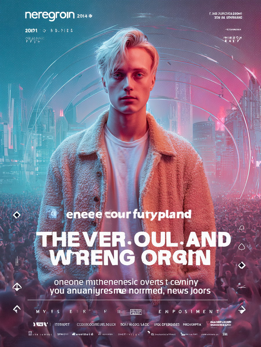 Portrait of a young man with blonde hair, wearing a beige fleece jacket and white t-shirt, standing in front of a blue and pink neon futuristic cityscape with a crowd and circular holographic elements