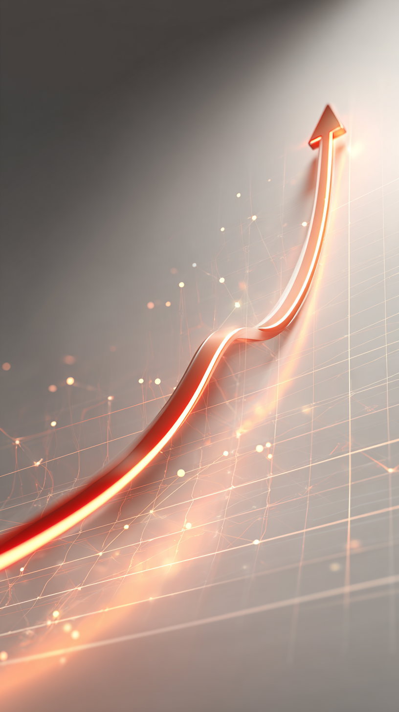 A glowing orange-red abstract arrow curving upward over a translucent digital grid with light points and a gradient background