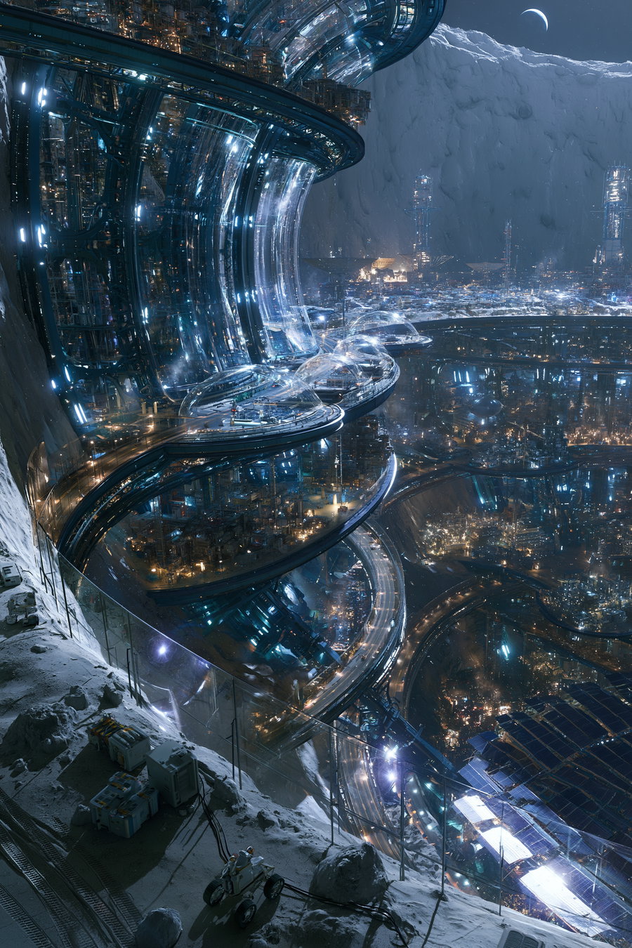 A futuristic city built inside a large cavern with curved, transparent structures and numerous glowing lights, viewed from a rocky, moon-like surface with a rover and equipment in the foreground under a crescent moon.