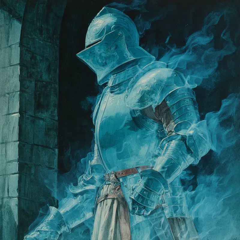 Vintage inspired detailed painting of a knight in armor surrounded by ethereal blue smoke