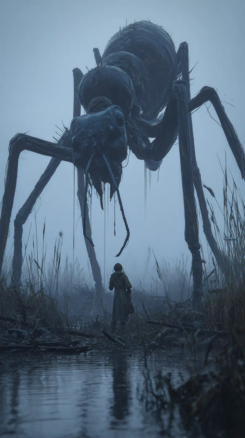 Surreal moody artwork of a giant ant confronting a lone figure in a dark swamp