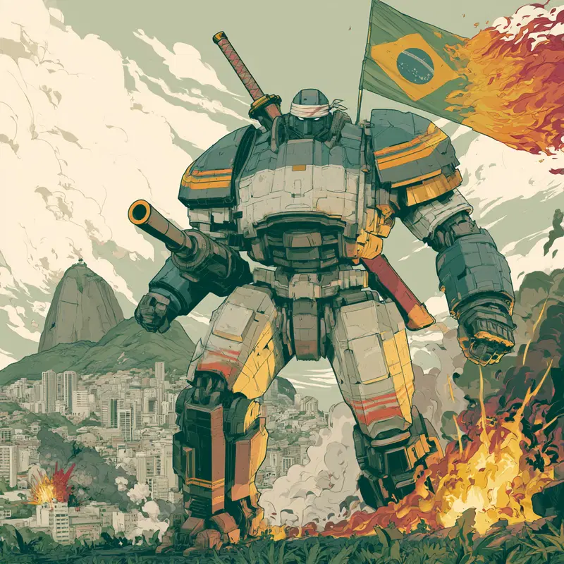 Futuristic robot warrior holding a burning Brazilian flag in a cityscape
