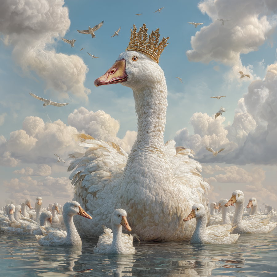 A large white goose adorned with a golden crown surrounded by smaller white geese floating on water with a cloudy sky and flying birds in the background