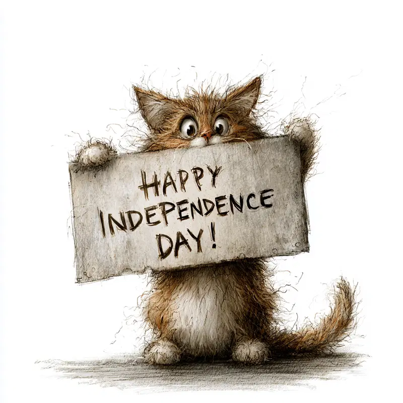 Cute furry illustration of a cat holding a Happy Independence Day sign