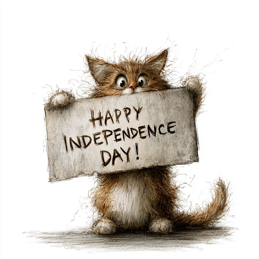 A sketch-style illustration of a fluffy brown and white cat with large eyes holding a worn sign that says Happy Independence Day on a white background.
