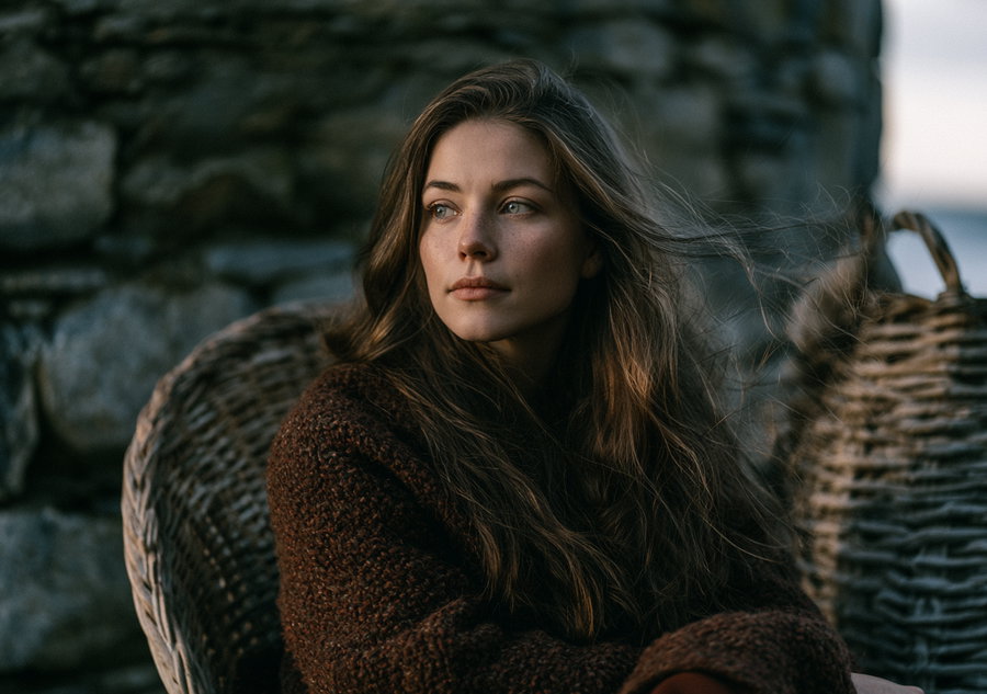 Woman with long brown hair wearing a brown knitted sweater sitting on a wicker chair with a stone wall background
