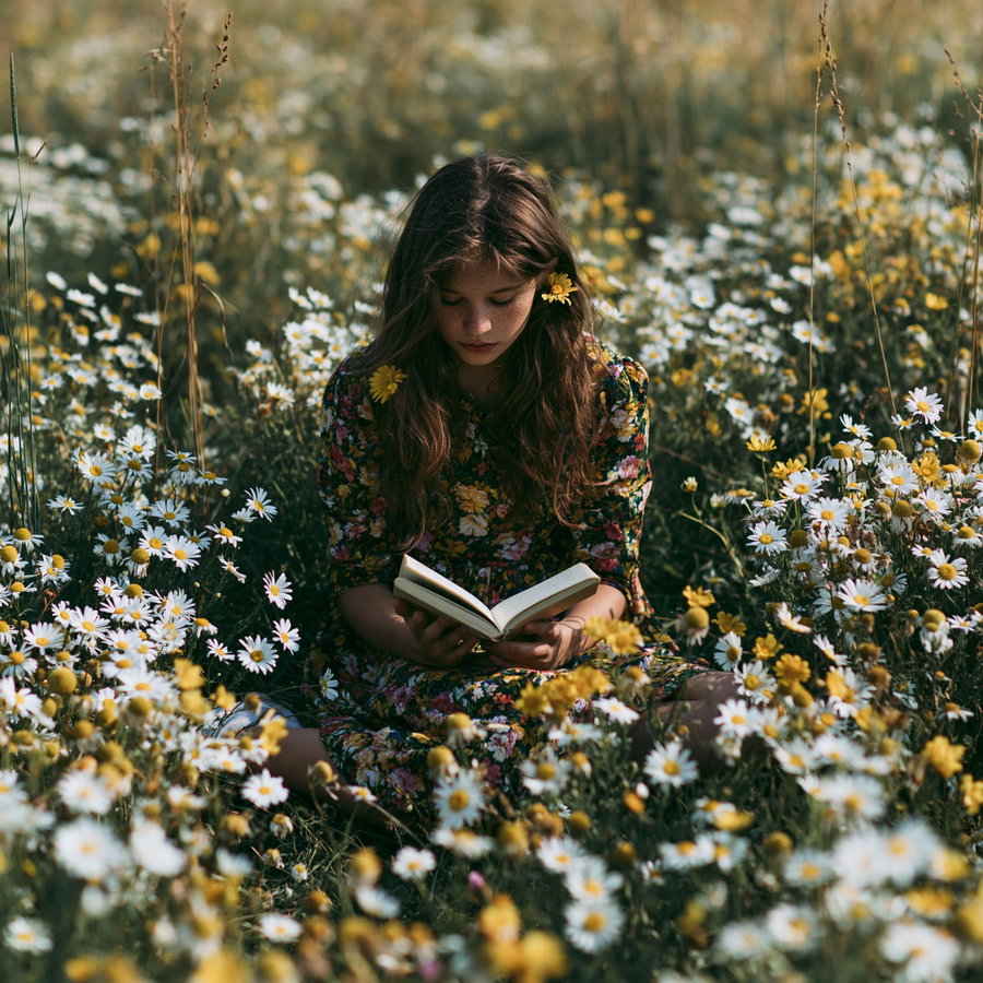 A young girl with long hair wearing a floral dress sitting cross-legged in a meadow filled with white daisies and yellow flowers, holding an open book and looking down at it