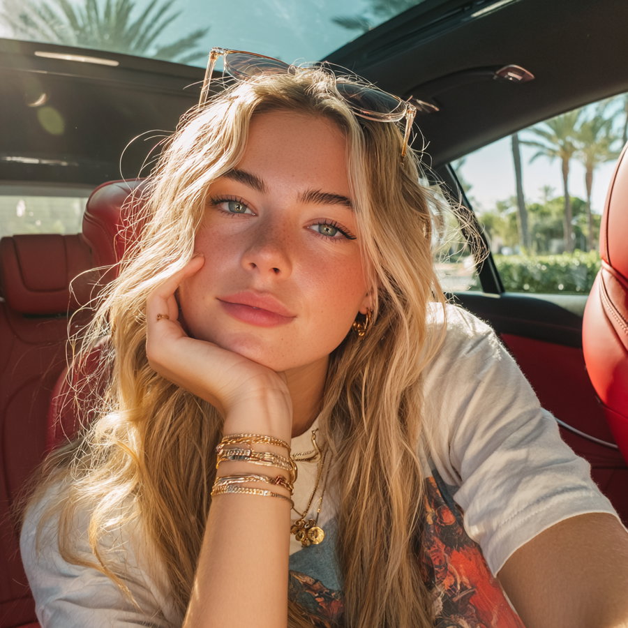 Young woman with long blonde hair resting her chin on her hand, wearing gold bracelets and necklaces, sunglasses on her head, sitting in a car with red leather seats and palm trees visible outside