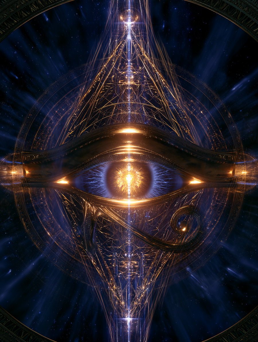 A luminous golden Eye of Horus symbol with an intense blue and gold eye at the center, surrounded by intricate glowing lines and cosmic background details