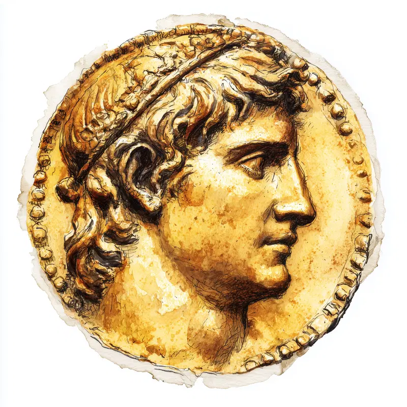 Detailed antique gold coin featuring profile of a classical male figure
