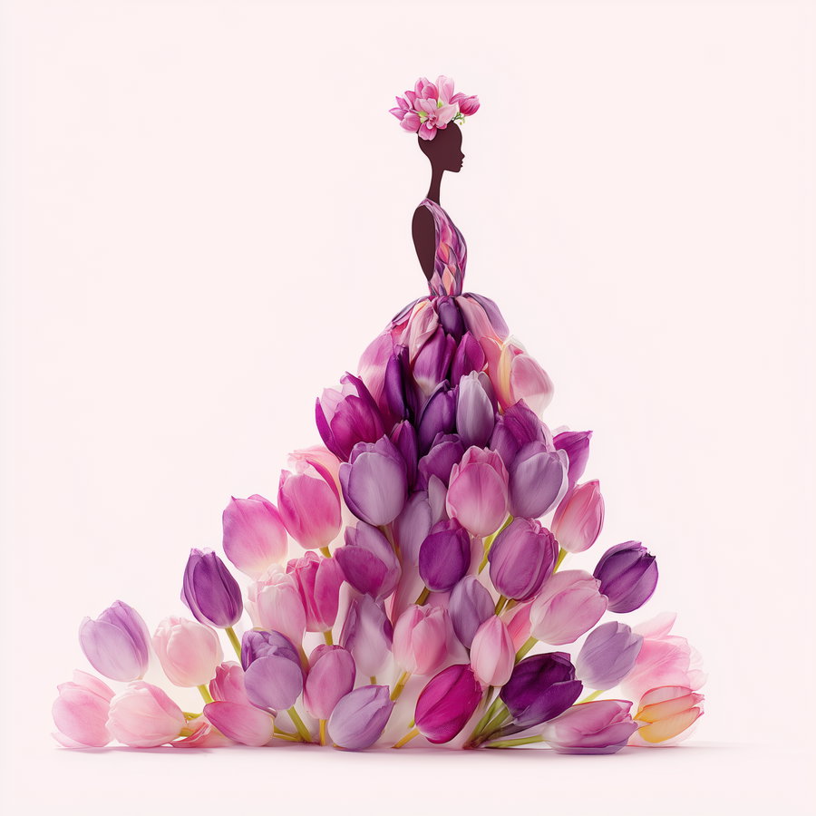 A silhouette of a woman wearing a dress formed by purple and pink tulip flowers, with a crown of pink flowers on her head, set against a light background