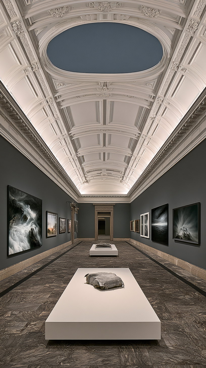 A spacious museum gallery featuring white walls, elegant ceiling, and a variety of art pieces displayed on the walls and on pedestals.