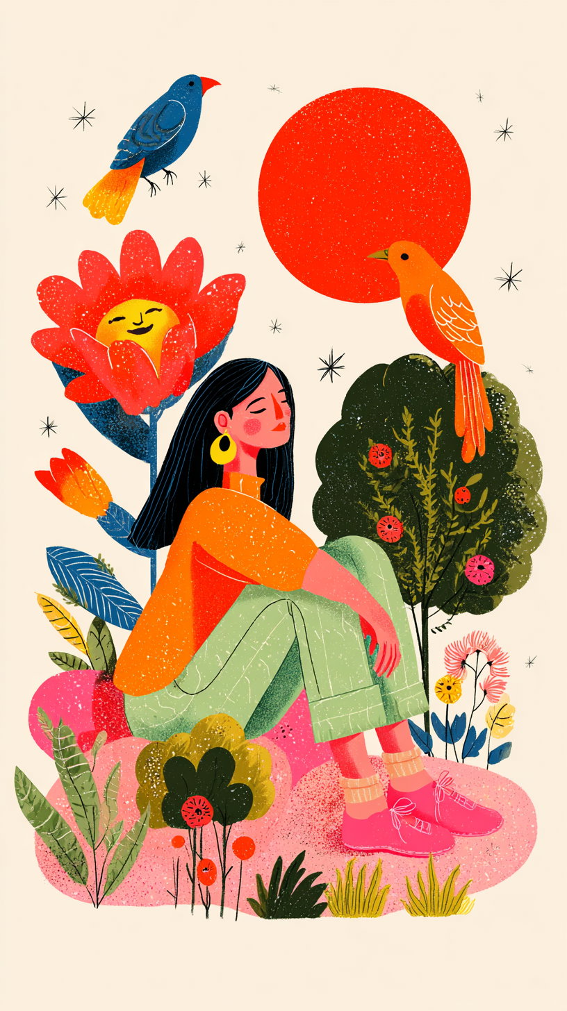 A sitting woman with dark hair, wearing orange and green clothing, surrounded by stylized birds, flowers, and plants with a large red sun in the background