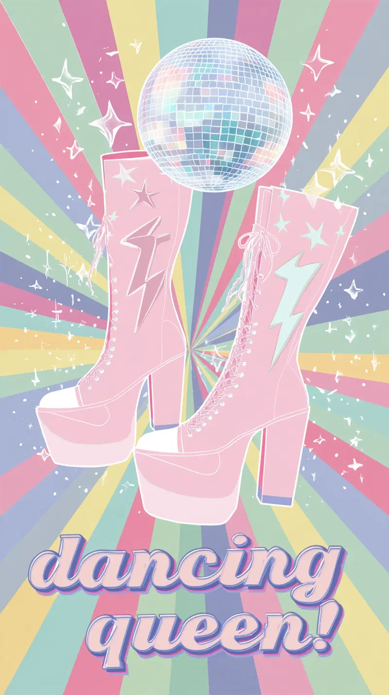 Colorful printable wall art featuring platform boots and disco ball with dancing queen text