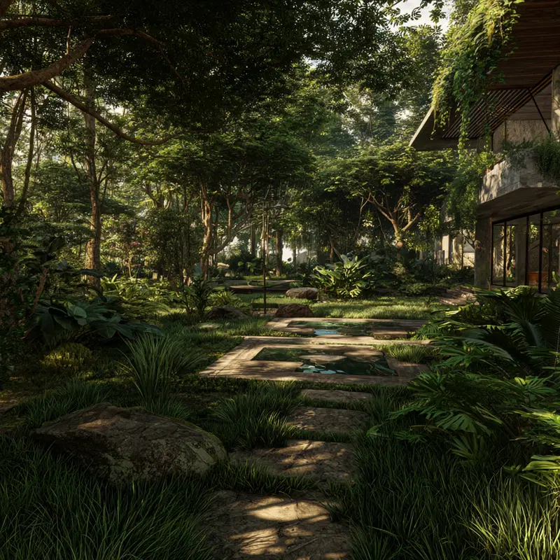 Serene nature inspired art featuring a lush garden with stepping stones