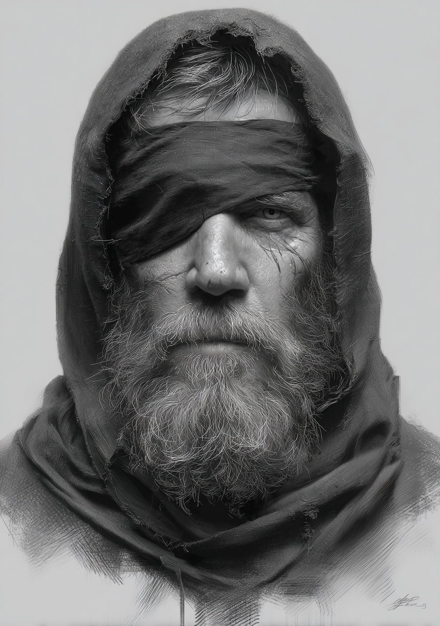 A detailed black and white portrait of an older bearded man wearing a hood and a cloth eye patch over his left eye, showing a serious expression and textured wrinkles.