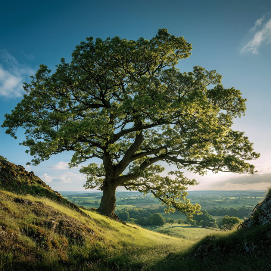 A large tree with lush green foliage standing prominently on a grassy hillside with rolling hills and valleys stretching into the distance under a clear sky with soft clouds.