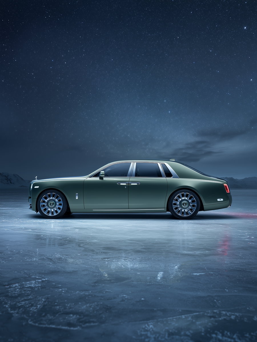 Side view of a vintage luxury car parked on ice with a clear star-filled night sky in the background