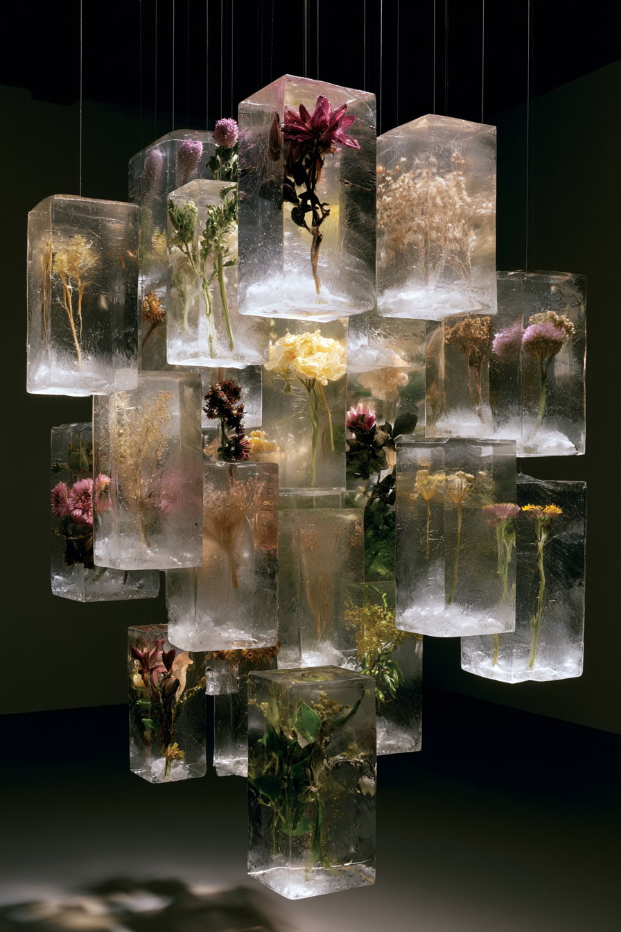 A hanging art installation made of multiple rectangular ice blocks, each encasing different botanical elements like flowers and leaves, illuminated against a dark background.