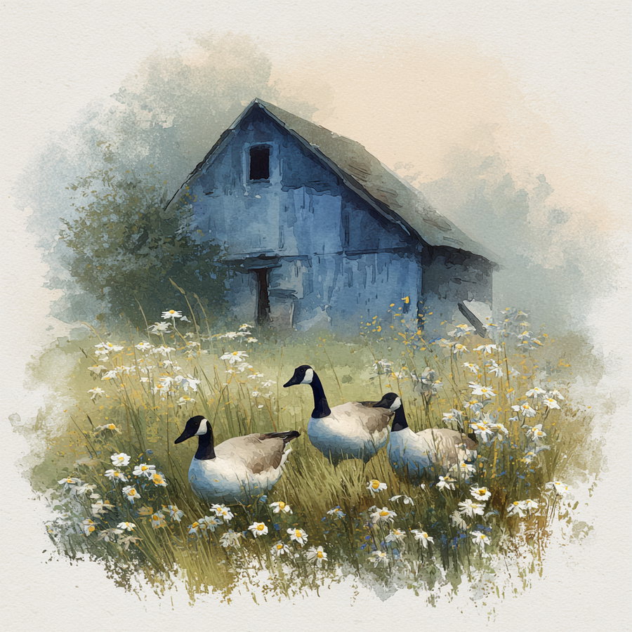 A watercolor painting of three geese standing in a wildflower field with white daisies and yellow centers in front of a weathered blue barn