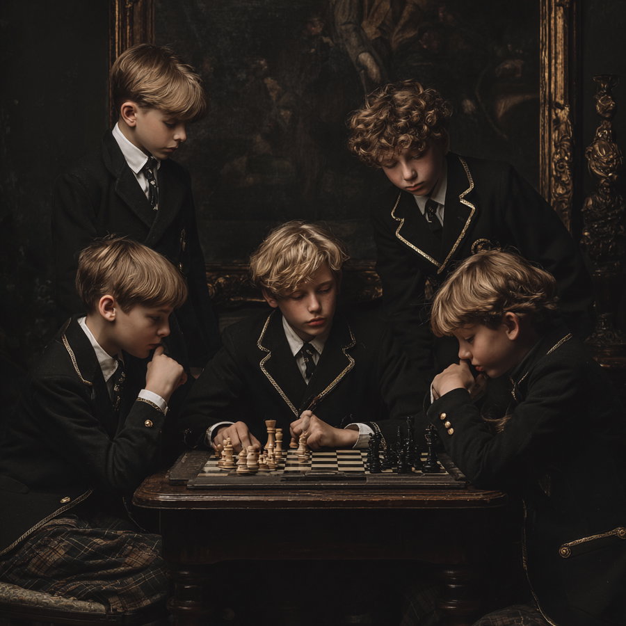 Five young boys wearing black blazers with gold trim and plaid pants gathered around a wooden table playing chess, with an antique dark painting and ornate frames in the background