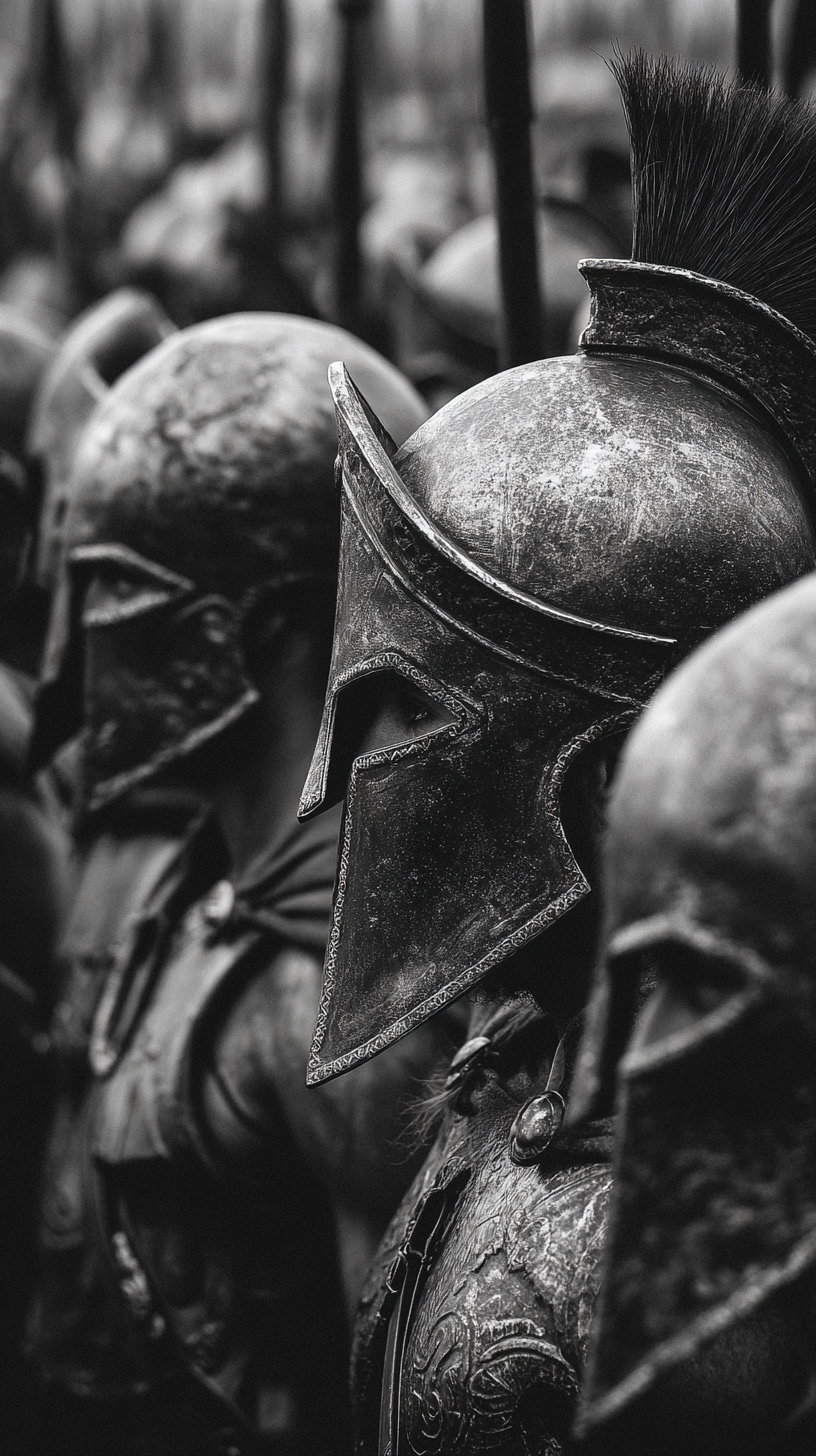 Black and white photo showing a close-up of several ancient warrior helmets with intricate designs, lined up closely together
