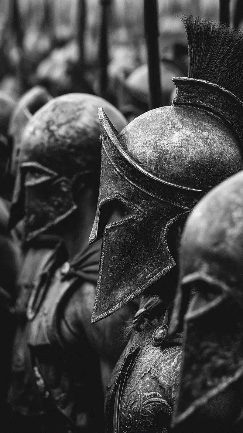Black and white close-up of ancient warrior helmets in a row
