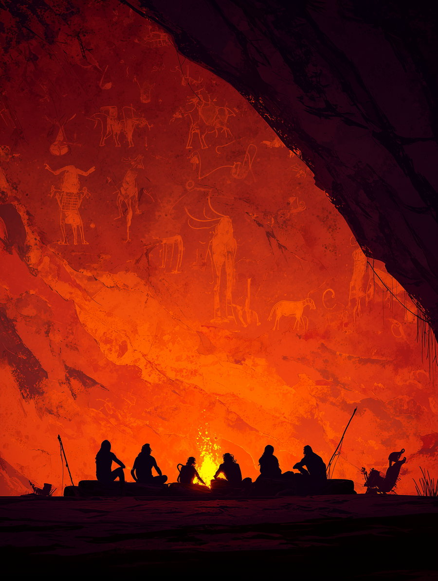 Silhouettes of six people sitting around a campfire inside a cave illuminated by glowing orange light, with ancient animal and human drawings on the cave wall.