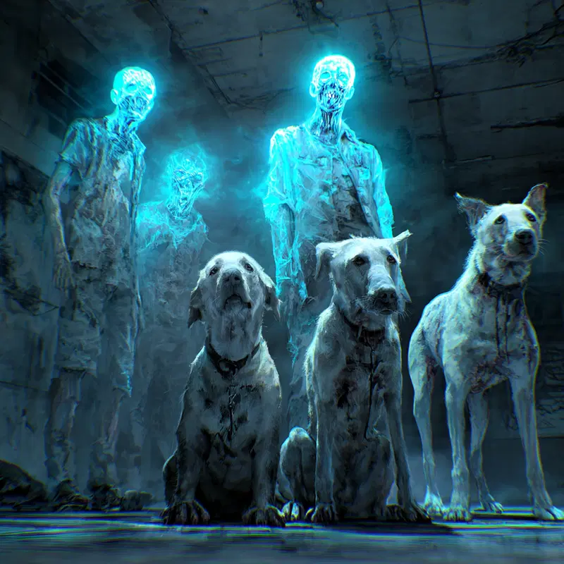 Eerie glowing zombie figures and sinister dogs in a dark underground setting