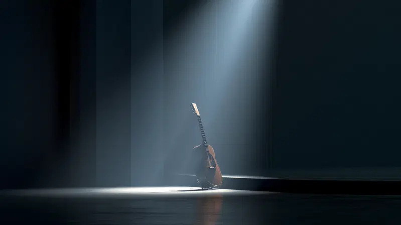 Acoustic guitar illuminated by a dramatic beam of light in a dark room