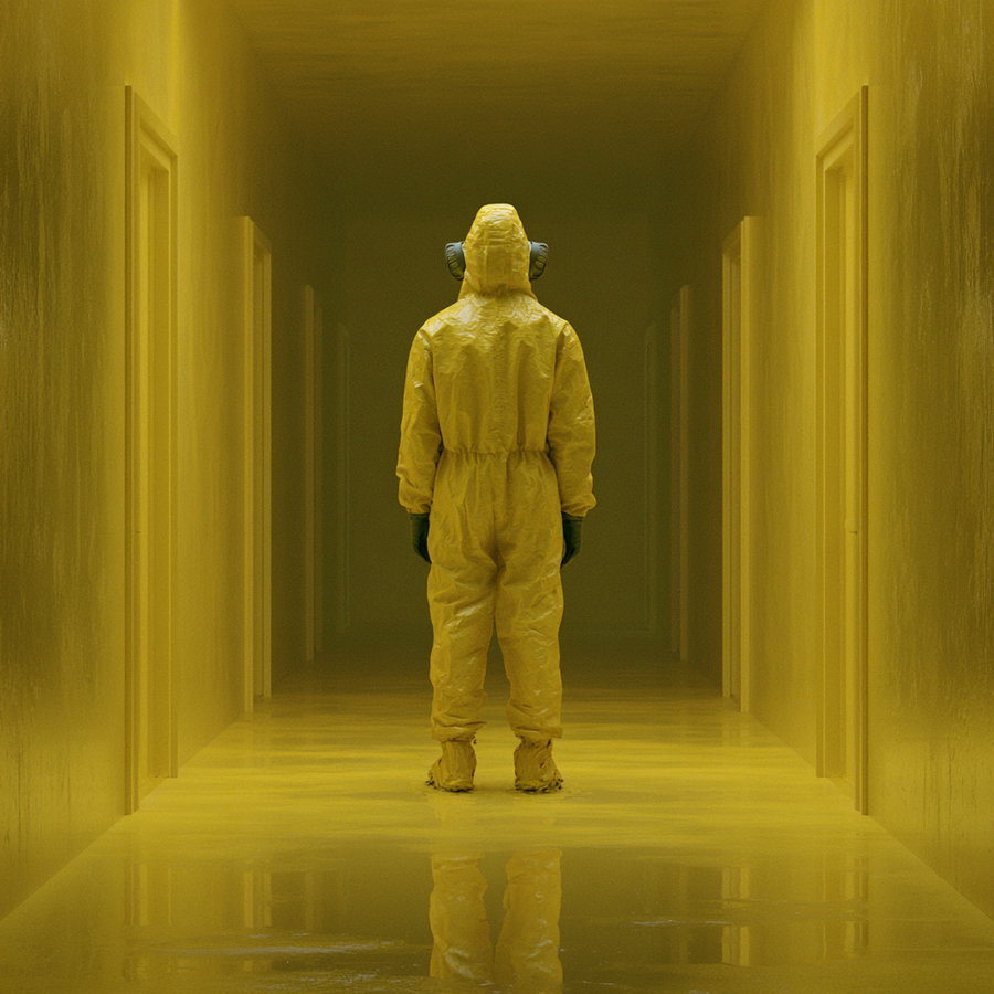 A person wearing a yellow hazmat suit with a hood and respiratory mask, standing in the middle of a long, narrow hallway that is entirely painted yellow, including walls, floor, and door frames. The floor has a shiny, reflective surface showing the figure's reflection.